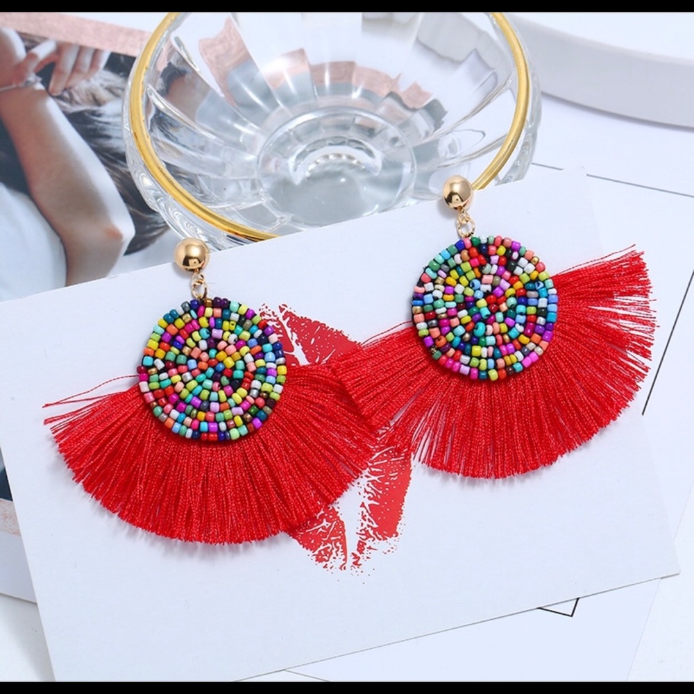 Red Fringe and Multi Seed bead earrings